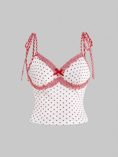  Spring / Summer Sweetness Red Polka Dot Plaid Camisole, Cute Retro Elegant Plus Size Camisole Top For Girls Valentine's Day