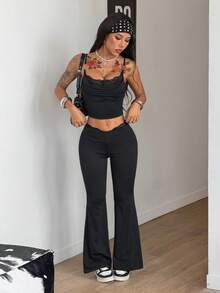 Coolane Quần legging nữ mùa xuân/hè phong cách đường phố Y2K, trang phục thường ngày năng động, phối ren tương phản, co giãn, thích hợp cho yoga, cạp thấp, dáng ống loe, size nhỏ. - màu đen - Xem 2