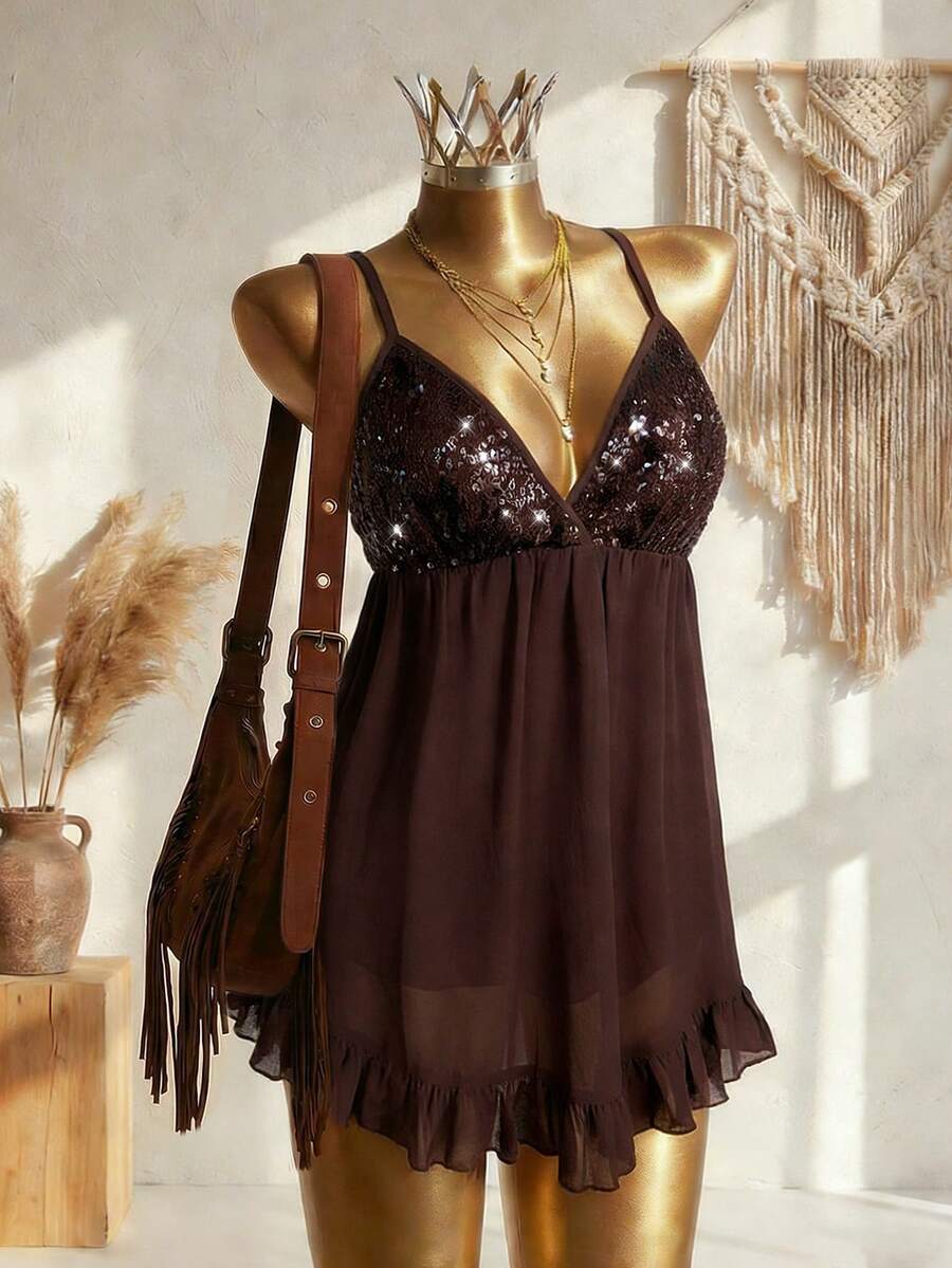 Elin Vora 女士亮片吊带连衣裙，V领雪纺荷叶边沙滩裙，适合假日、生日、嘉年华 - 棕色 - 查看 1