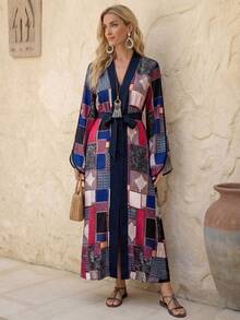 EMERY ROSE Vestido de manga larga con estampado floral de parche de cuadros para mujer - Multicolor - Ver 3