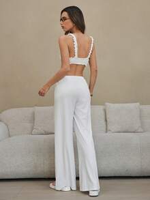 HautHeat Damen Einfarbiges Rüschen-Trim Trägerhemd und Hose Lässig Pyjama Set - Weiss - Übersicht 2