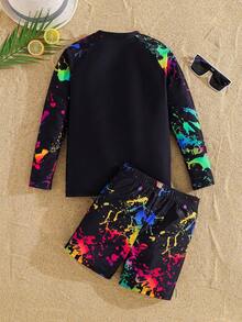 SHEIN Conjunto de tankini de 2 piezas con diseño fosforescente de videojuegos para niño preadolescente, informal y ajustado, adecuado para primavera/verano, vacaciones en la playa - Multicolor - Ver 5