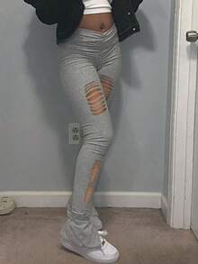 Rovax Ripped Sexy Flare Sweatpants Graduation,Back To School Outfits,Graduation,Teacher Outfits For Women,Back To School Fall Cloth For Women - Grey - View 3