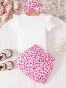 SHEIN 2件套女婴/男女通用婴幼儿0-3岁复活节兔子荷叶边袖上衣和印花裤子套装，夏季 - 彩色 - 查看 2