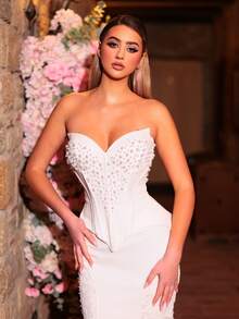 Glamrae 优雅奢华的珍珠串珠蕾丝拼接弹力针织美人鱼长裙，性感无肩带设计，带长拖尾，适合婚礼、派对、度假、舞会、新娘礼服等场合。 - 白色 - 查看 4