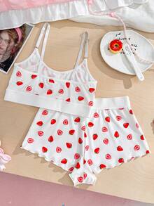 PetitDoll 2件套女士“甜美”字母印花腰带内衣套装 - 紅白色 - 查看 2