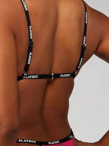 Missguided x Playboy 饰有胶带细节的三角文胸和丁字裤套装，带logo肩带，私密内衣两件套 - 粉色 - 查看 4