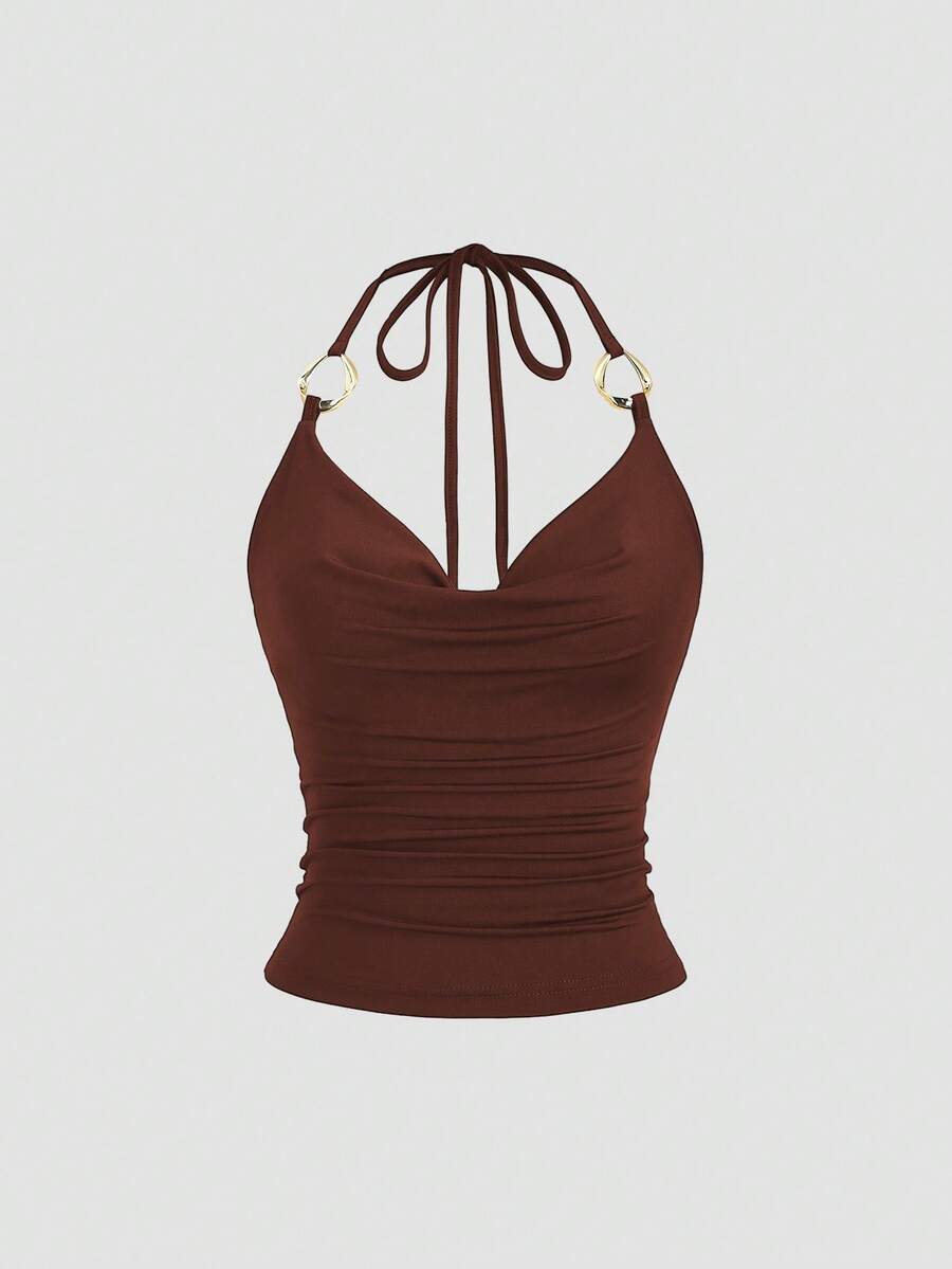 Sweetra 新款 Y2K 金属环装饰通勤百搭垂褶领带女式背心 - 鏽棕色 - 查看 1