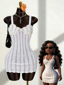 Zestiva Women's White Knit Elegant Vacation Crochet Cup Pearl Strap Short Dress - White - View 1
