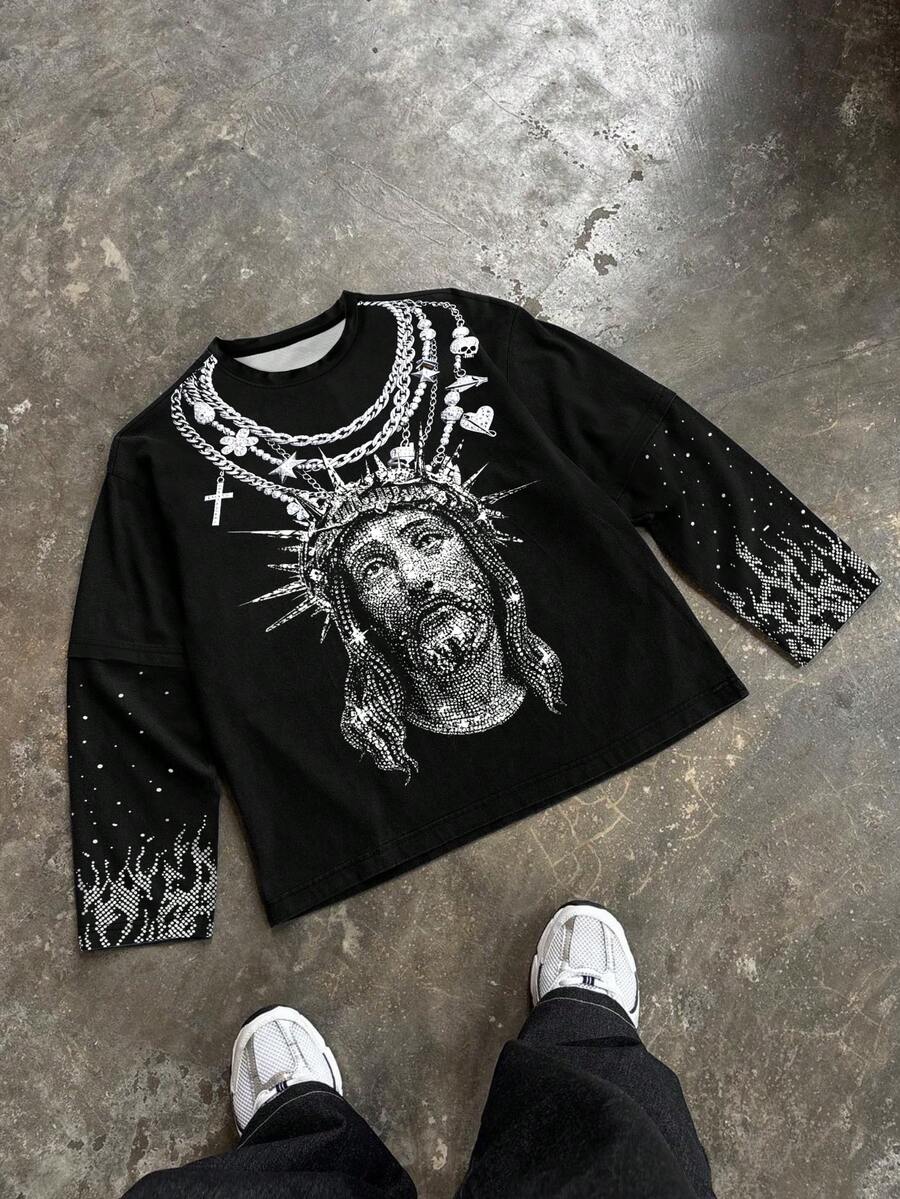 Manfinity EMRG Men's Casual Graphic T-Shirt With Character Necklace Print, Spring/Autumn - Multicolor - View 1