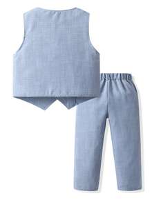 2pcs Young Boy Gentleman Outfit,Summer Traditional Wedding Fashionable Waistcoat Vest And Slant Pocket Pants,Birthday Party Halloween Prom Outfit - Blue - View 3