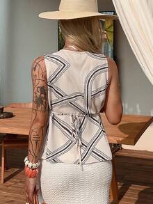 Livesso Women's Geometric Pattern Striped Cropped Top,Front Twist Design,Sleeveless Blouse,Beige,Summer,Boho,Vacation,Holiday,Music Festivals,Casual,Beach - Beige - View 7