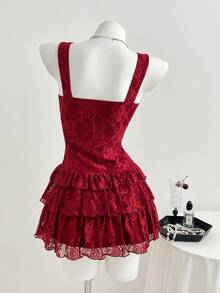 Elamini Floral Lace Texture Romantic Mini Dress - Red - View 2