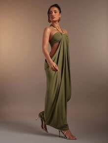 Hauture Olive Green Bandeau Cut Out Side Draped Gathered Side Halter Neck Maxi Dess - Army Green - View 4