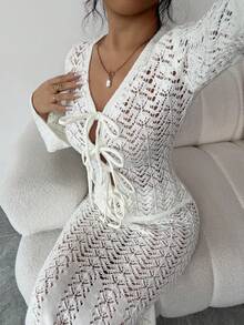 SHEIN Raffinéa Women's Elegant Flare Sleeve Hollow Out Knit Sweater And Fish Tail Hem Skirt 2 Pieces Set, Autumn - White - View 4