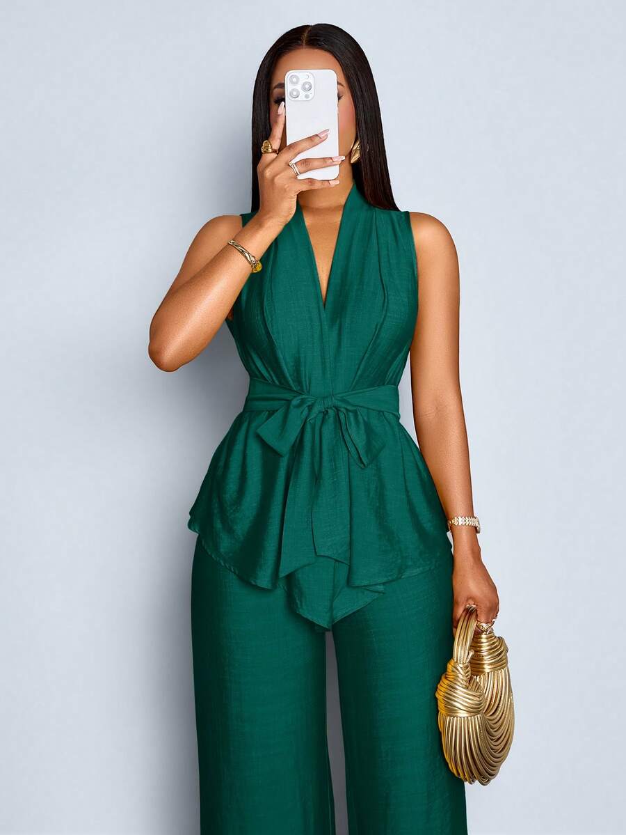 SOLERSUN Women's 2pcs/Set Solid Color Linen-Like Belted V-Neck Sleeveless Blouse And Wide Leg Pants Set - Dark Green - View 1
