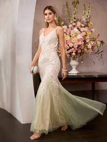 MOTF Soiréza Đầm cocktail thanh lịch, hở lưng, thêu sequin và họa tiết chắp vá, thích hợp cho mùa xuân/hè. - Màu xanh Bạc hà - Xem 8
