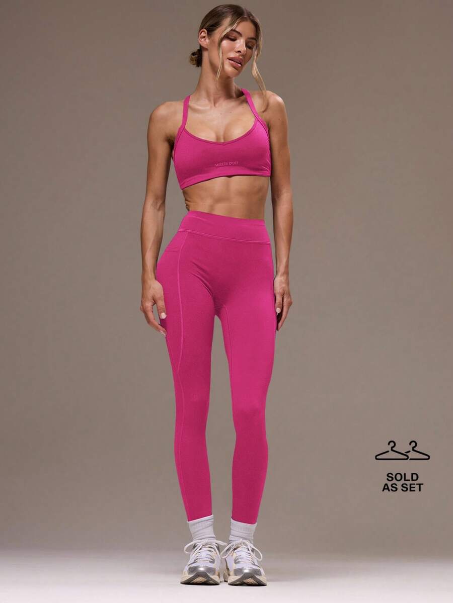 Musera Sport 女士交叉露背上衣和紧身裤运动套装，适合健身房锻炼 - 玫紅色 - 查看 1