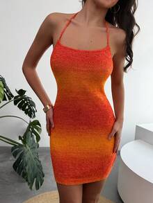Aloruh Women's Ombre Spaghetti Strap Bodycon Backless Sleeveless Sweater Dress - Burnt Orange - View 4