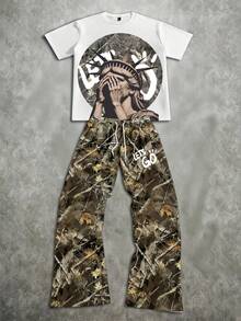 Manfinity ZONE917 Loose Fit Street Style Camouflage Statue Of Liberty Face Print Short Sleeve T-Shirt Set Camo 2 Piece Set - White - View 1