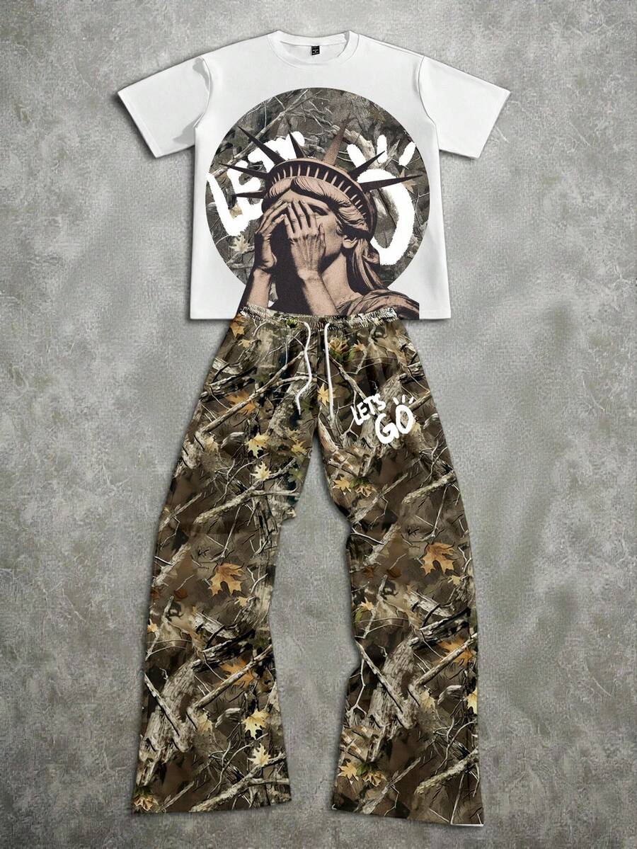 Manfinity ZONE917 Loose Fit Street Style Camouflage Statue Of Liberty Face Print Short Sleeve T-Shirt Set Camo 2 Piece Set - White - View 1