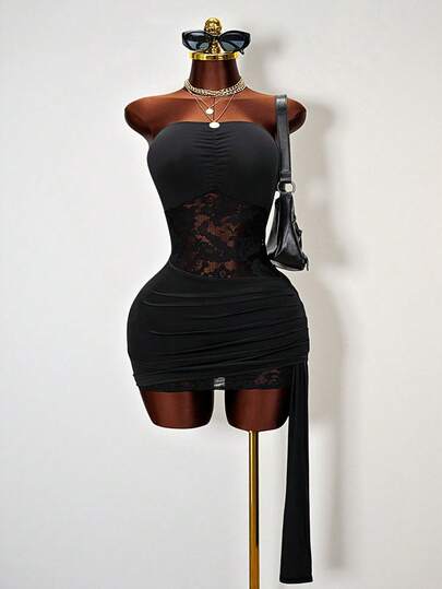 Mistrie Lace Patchwork Ruffle Waist Bodycon Mini Dress, Sexy Sleeveless Off Shoulder Hollow Out Fitted Flare Hem Dress