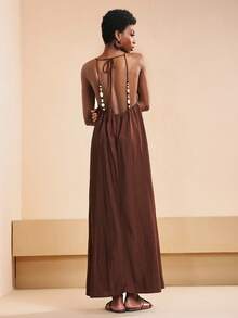 Zivah Đầm chữ A thanh lịch màu nâu, kiểu dáng giản dị, hở lưng, thắt nơ, đính kết, thích hợp cho kỳ nghỉ năm 2026. - màu nâu - Xem 3