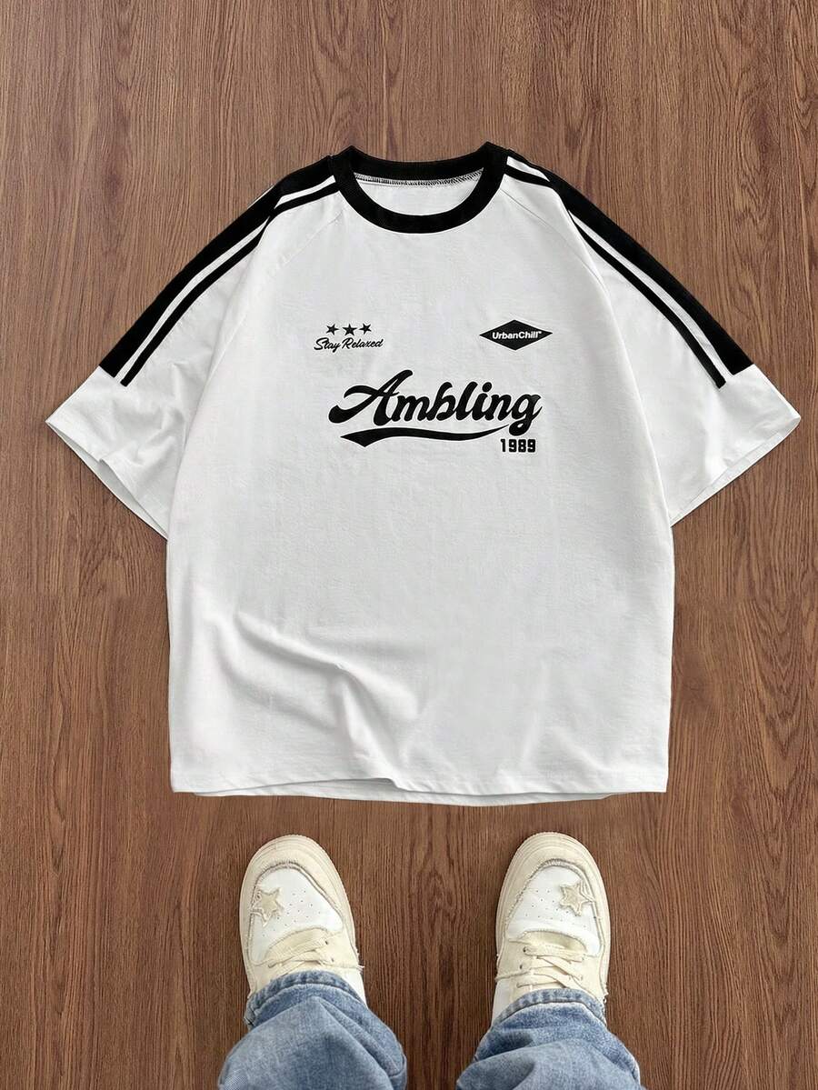 SWAVVY 男士休闲时尚街头运动字母印花撞色条纹侧边短袖T恤，夏季 - 黑與白 - 查看 1