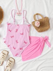 SHEIN Tween Girls' Casual Vacation Beach Butterfly & Striped Print Ruffled Camisole Romper With Mesh Skirt Set, Pink Pink Bow Bathing Suit Girls Beach Set Girls Summer Vacation Sets Swimsuits Pink - Pink - View 2