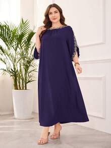 Lacomfia Plus Size Elegant Floral Applique Open Sleeve Dress - Purple - View 5