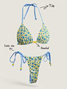 Elavelle Women's Random Print Halter Bikini Set, Spring/Summer - Multicolor - View 3