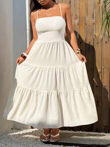 Sunnyshic Plus Size Fashionable Versatile Casual Vacation Sleeveless Backless Textured Dress, Spring/Summer - Apricot - View 3
