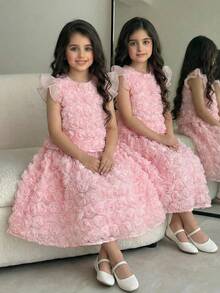 SHEIN Tween Girl Elegant Combo Round Neck Cap Sleeve Floral Fabric Blouse And Skirt Set - Pink - View 5