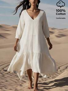 EMERY ROSE Women's V-Neck 3/4 Sleeve Cotton Casual Dress - White - View 1