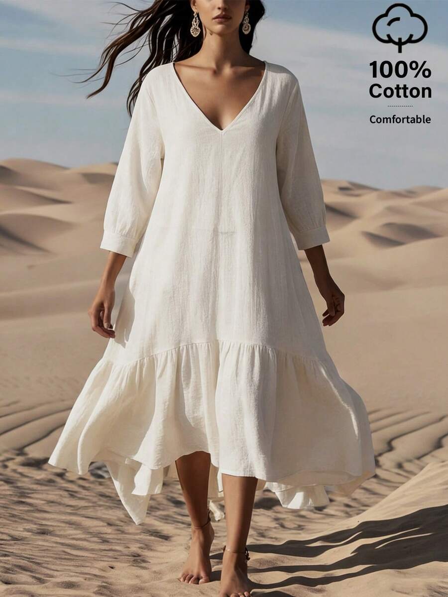EMERY ROSE Women's V-Neck 3/4 Sleeve Cotton Casual Dress - White - View 1