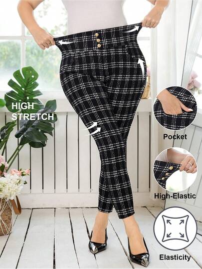 SHEIN Clasi Plus Size High Stretch Plaid Slim Fit Casual Pants Plus Size Women Autumn Printed Leggings,Front Button Heart Allover Print Casual Pants, Fashionable For Everyday Wear, For Daily Wear&Valentine's Day Date & Party Pants Charming Party Decorated Pocket Tapered Pants Rhinestone Pants Elegant Women's Pants Star-Shaped Pants Pearl Jeans Women's Winter Clothing Christmas New Year Clothing New Year Clothing Thanksgiving Clothing Women's Thanksgiving Elegant Dress Women's Black Pants Black Capris For Women Women Pants Casual Women High Waist Houndstooth Wide Leg Loose Casual Pants Plus-Size Black And White Checkered Knit Trousers. Classic Black And White Checkered Pattern, Retro Style. Knit Trousers With Elastic Waistband, Straight Leg With A Slight Flare, High Elasticity. Suitable For Office Wear. Elegant Straight Leg Trousers, Classic And Elegant, Retro Checkered Trousers, Business Attire, Workplace Wear./Winter New Year New Year Clothes