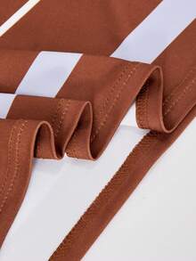 2pcs Girls Brown And White Striped Short Sleeve T-Shirt With 3D Letter,Paired With Solid Pleated Skirt Set,Summer Casual School Back-To-School Outfit - Mocha Brown - View 6