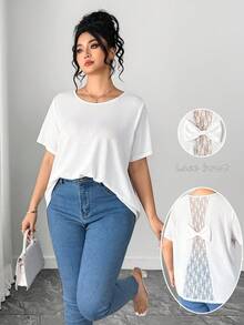 SHEIN Elenzya 女士加大码圆领短袖T恤，后背缝线设计，蕾丝花朵蝴蝶结装饰，完美适用于情人节、圣诞节、婚礼季和春夏系列。 - 白色 - 查看 1