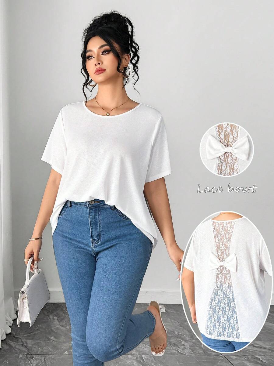 SHEIN Elenzya 女士加大码圆领短袖T恤，后背缝线设计，蕾丝花朵蝴蝶结装饰，完美适用于情人节、圣诞节、婚礼季和春夏系列。 - 白色 - 查看 1
