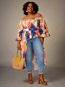 BrightlyHer Plus Size Vacation Casual Floral Print Off-Shoulder Maxi Blouse/Summer/Spring Holiday Beach - Multicolor - View 5