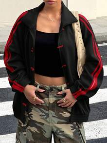 Muchica 女士休闲条纹拼接纽扣立领轻薄外套，秋季款 - 黑色 - 查看 6