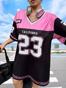 Muchica 大码女式休闲时尚街头运动风数字字母印花撞色V领宽松T恤裙，夏季 - 黑色 - 查看 3