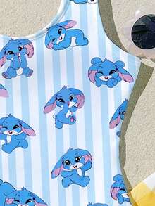 Tween Girl Cute Cartoon Blue Stitch & Rabbit Striped One-Piece Swimsuit, Suitable For Swimming, Vacation, Summer Beach - Blue and White - View 6