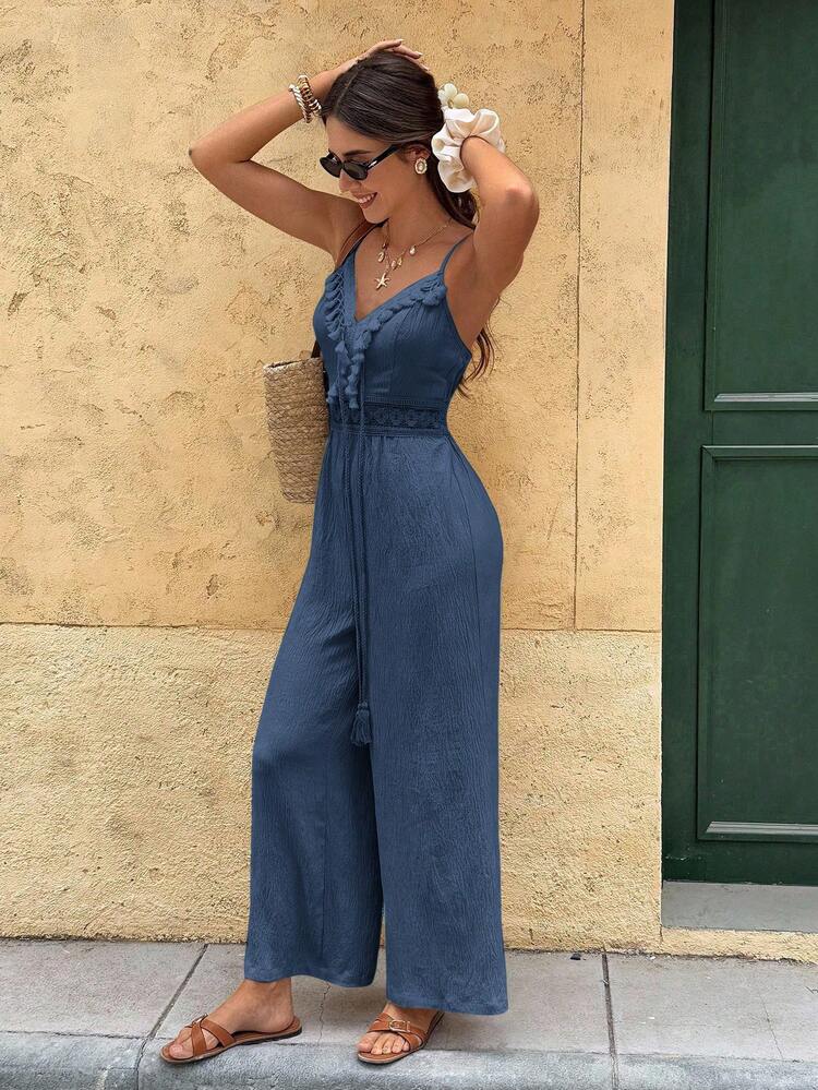 Serisse Women's Solid Color Backless Ruffle Casual Jumpsuit - Dusty Blue - View 4