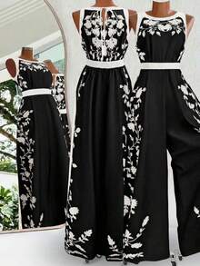 SHEIN Clasi Bộ jumpsuit hở lưng thanh lịch dành cho nữ, kiểu dáng rộng rãi, phối màu nổi bật, thích hợp cho kỳ nghỉ. - Đen và trắng - Xem 2