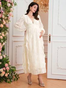 SHEIN Đầm dài tay thanh lịch cổ chữ V xếp nếp dành cho bà bầu dự tiệc - Màu be - Xem 7
