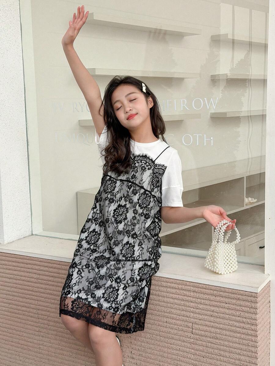 DAZY Vestido de verano de 2 en 1 con mangas cortas y parches de encaje para niñas preadolescentes - Blanco - Ver 1
