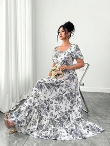 Elenzga Đầm hè cỡ lớn dành cho nữ, đầm maxi ôm dáng thanh lịch, tối giản, in họa tiết phác thảo, cổ vuông, tay ngắn, bèo nhún ở eo, thắt lưng, đầm trắng cỡ lớn dành cho nữ, thích hợp cho mùa xuân, ngày lễ tình nhân, tiệc tùng, đám cưới, lễ tốt nghiệp, kỳ nghỉ, đầm thanh lịch dành cho nữ, đầm thường ngày dành cho nữ, đầm dự tiệc, trang phục đi chơi dành cho nữ. - Đen và trắng - Xem 6