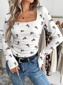 SHEIN LUNE Women's Casual Square Neck Fitted Long Sleeve T-Shirt, Autumn - White - View 1