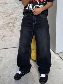 青少年男孩时尚休闲 Y2K 复古酷炫街头舒适柔软牛仔宽松弧形剪裁牛仔裤日常穿着以及春夏锐舞节和街头服饰 - 黑色 - 查看 1